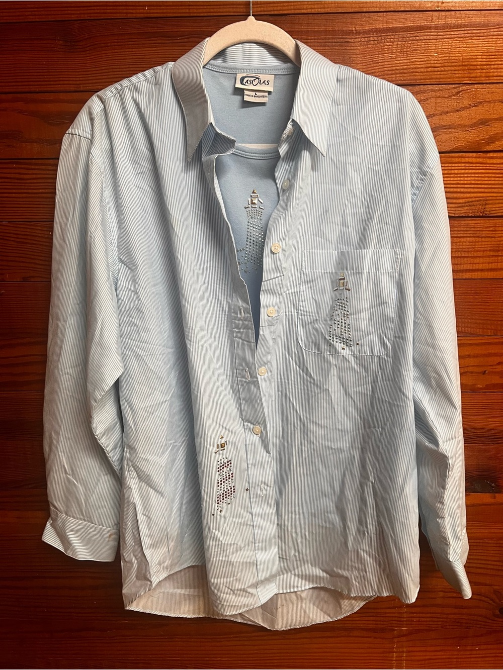 Las Olas Blue Pinstripe Shirt Tank Set Size L Rhinestone Lighthouse